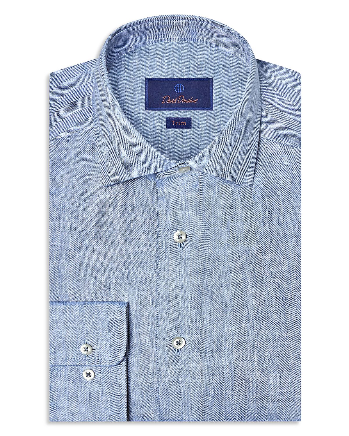 David Donahue Trim Fit Linen Herringbone Dress Shirt