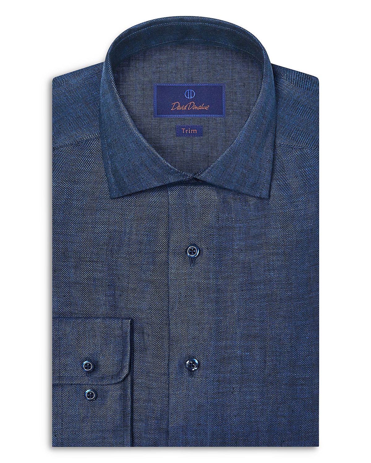 David Donahue Trim Fit Linen Herringbone Dress Shirt