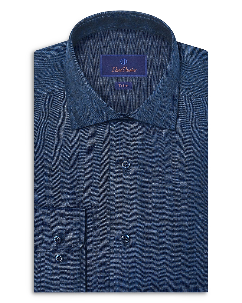 David Donahue Trim Fit Linen Herringbone Dress Shirt