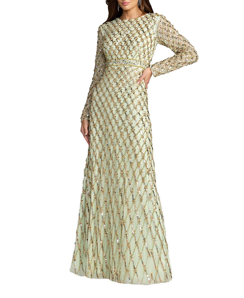 Mac Duggal Long Sleeve High Neck Embellished Gown