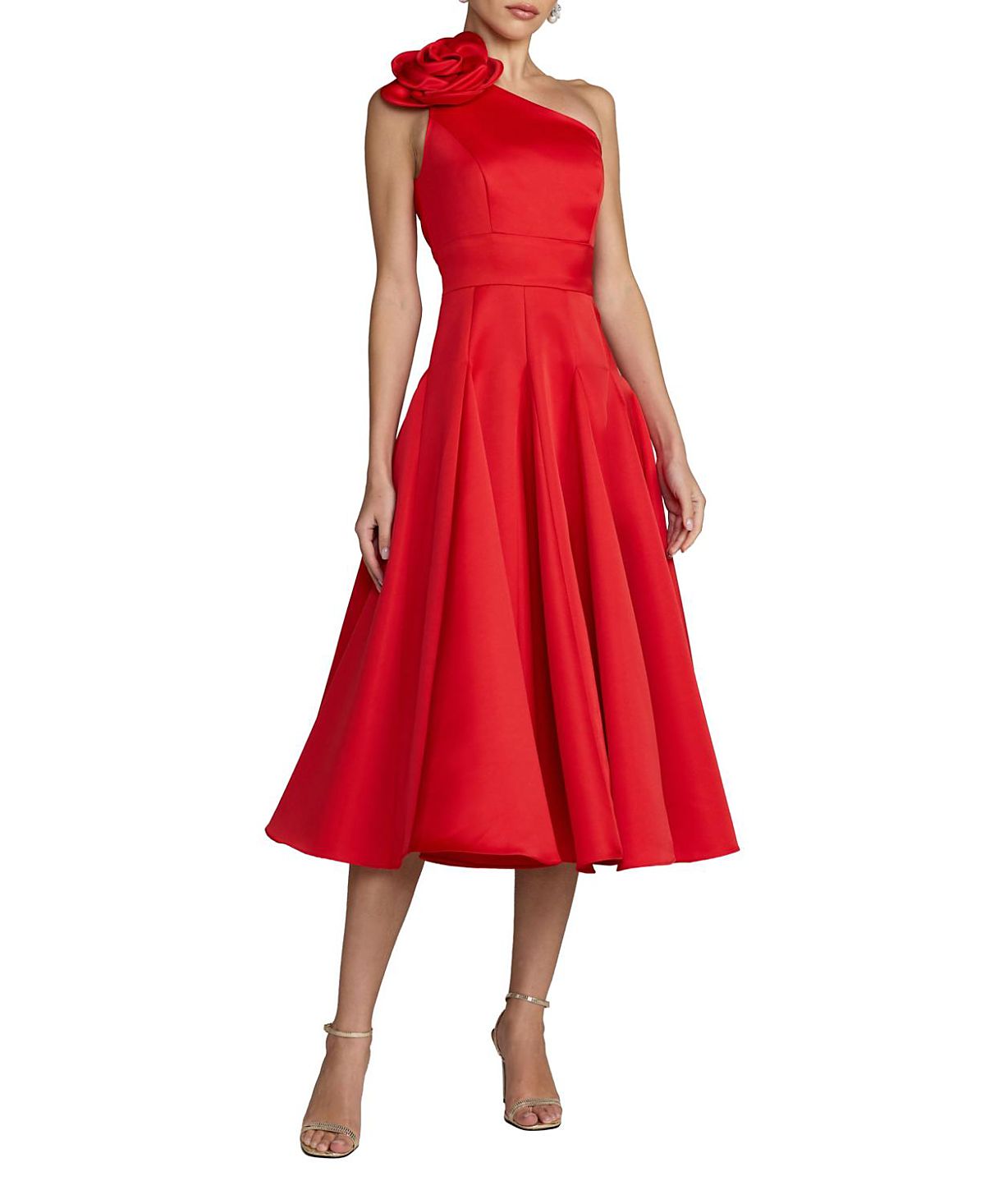 Mac Duggal One Shoulder Satin Midi Dress With 3D Flower