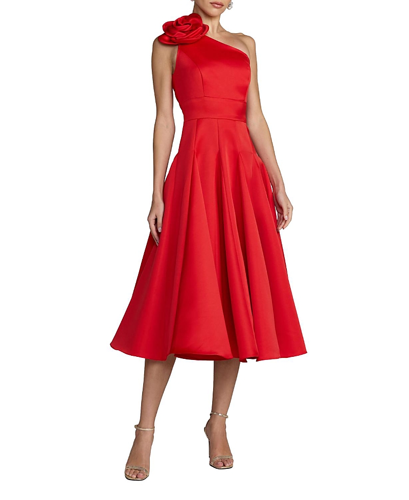 Mac Duggal One Shoulder Satin Midi Dress With 3D Flower