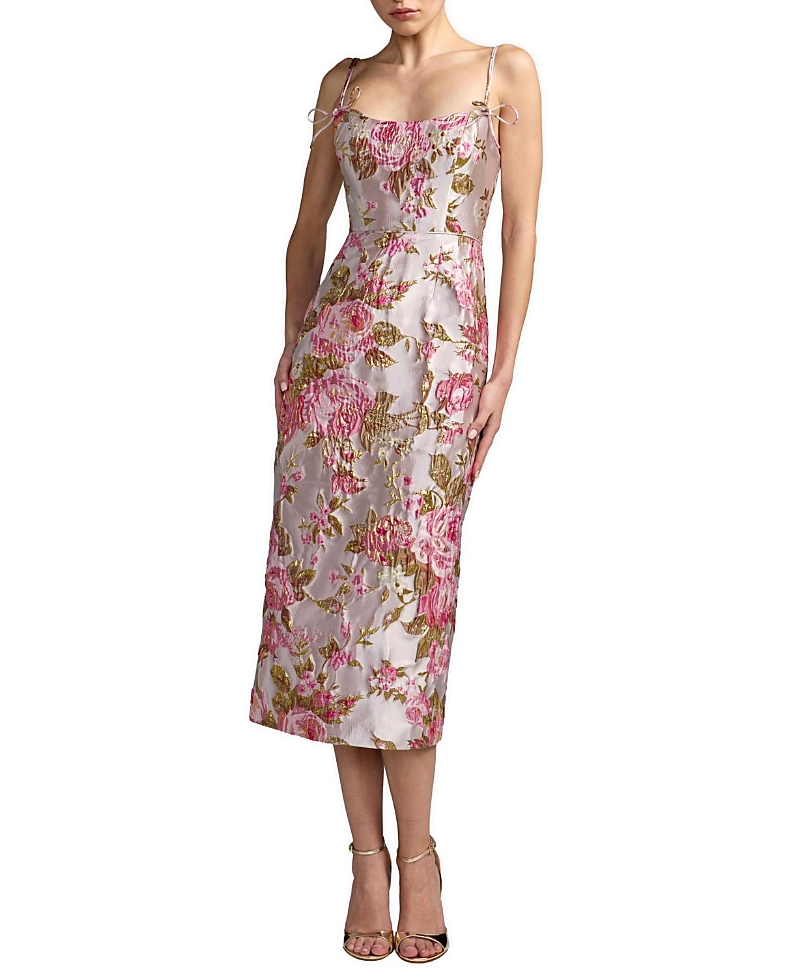 Mac Duggal Floral Brocade Bow Strap Midi Dress
