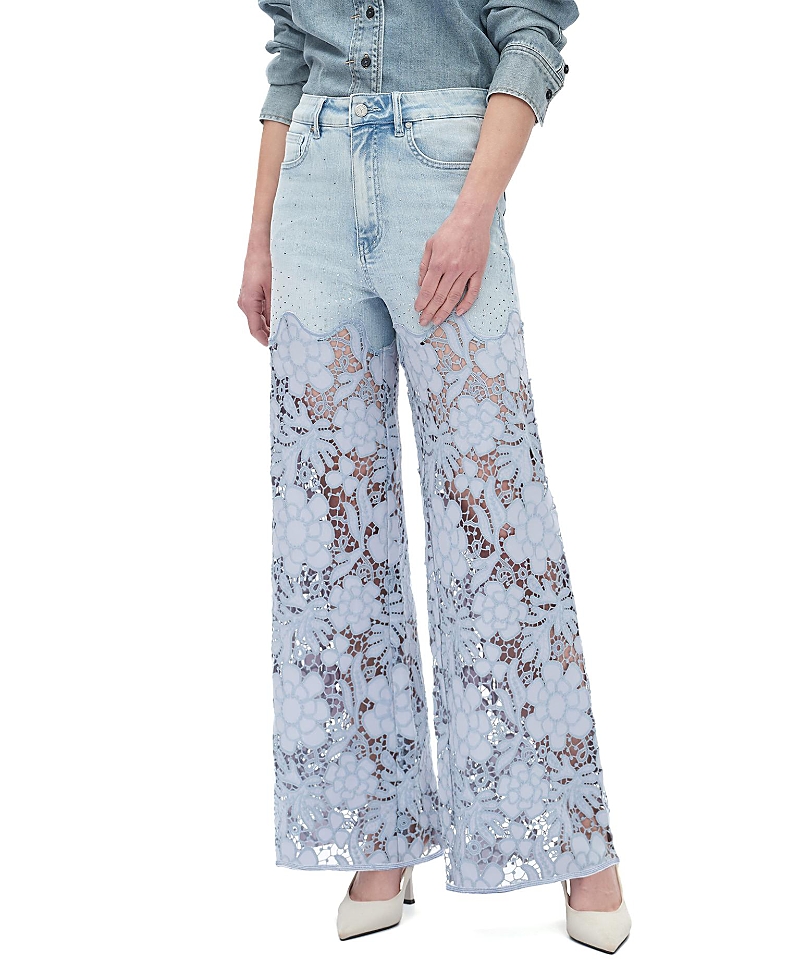 Bayeas Super High Rise Lace Patchwork Wide Leg Denim Jeans in Light Blue