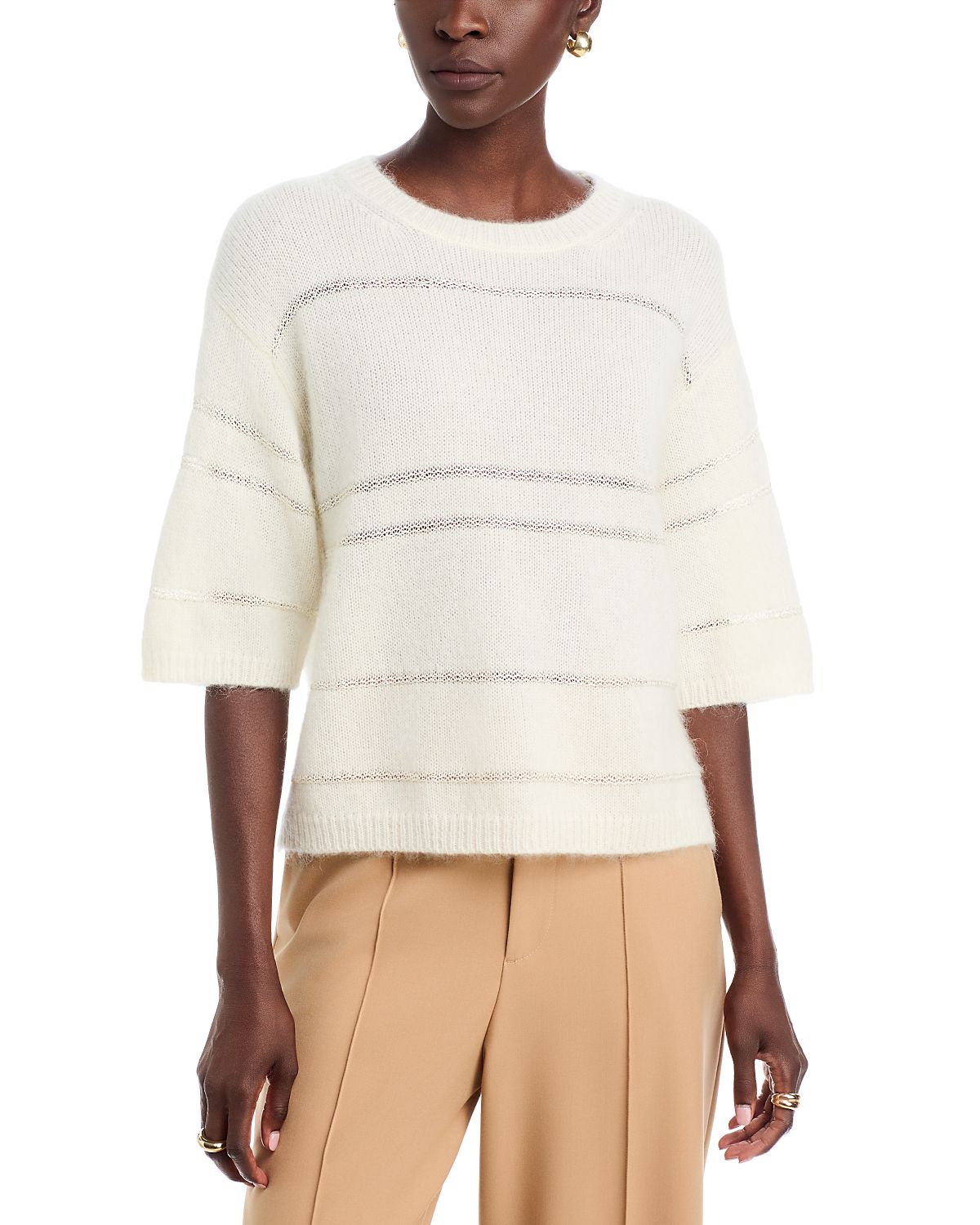 Fabiana Filippi Mohair Platinum Short Sleeve Sweater with Sequin Stripe