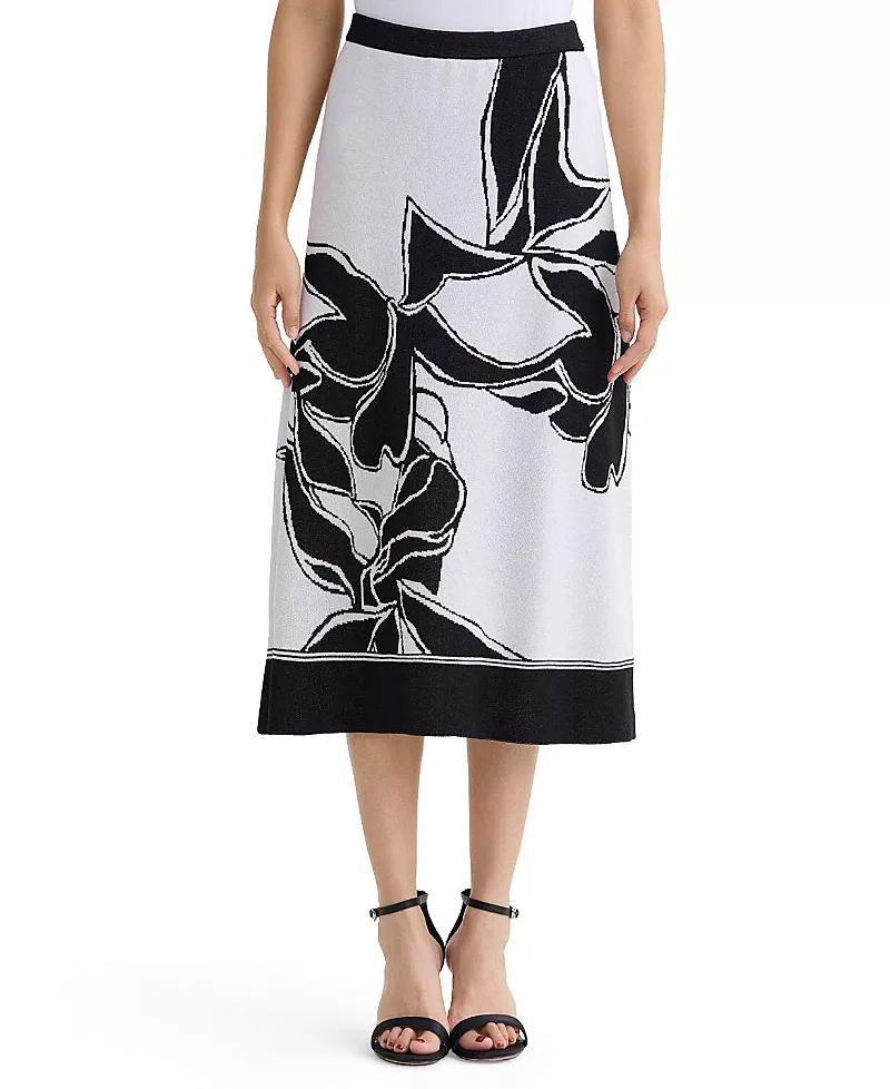 Ming Wang Floral Jacquard Soft Knit A-Line Midi Skirt