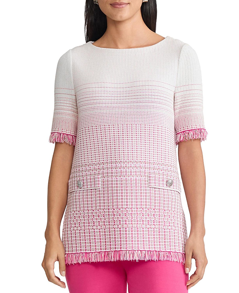 Ming Wang Ombre Fringe Trim Jacquard Knit Tunic