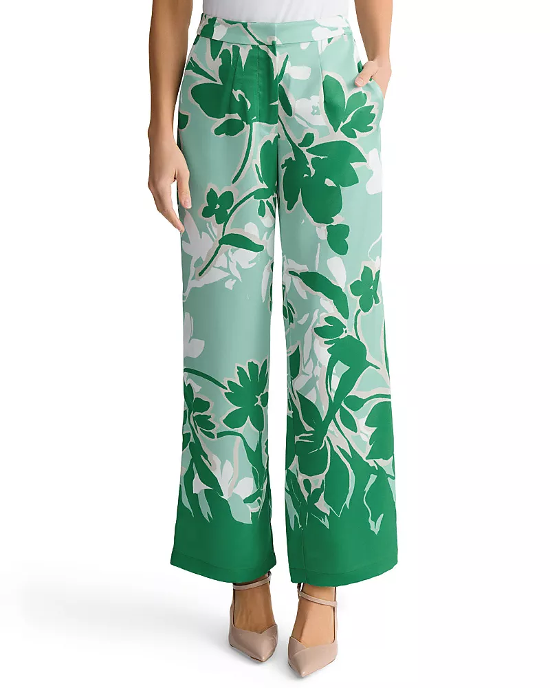 Ming Wang Crepe De Chine Floral Printed Wide-Leg Pants