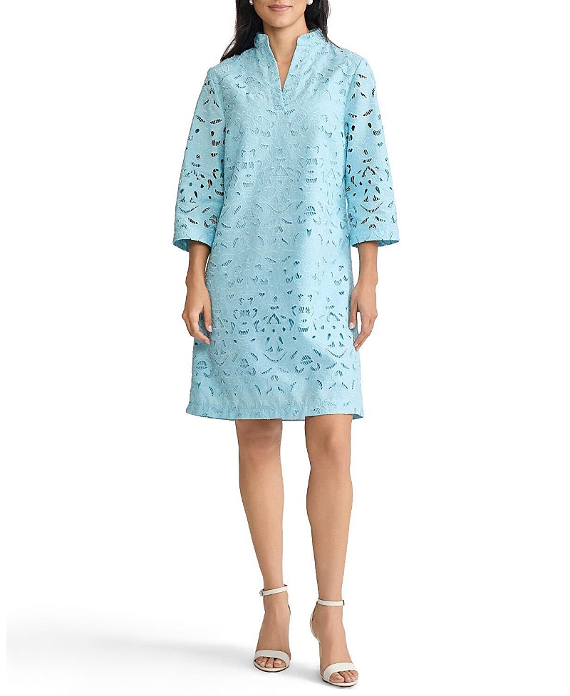 Ming Wang Lined Embroidered Stitch Woven Midi Dress