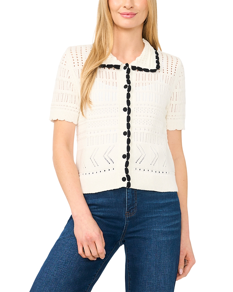 CeCe Collared Short Sleeve Pointelle Cardigan