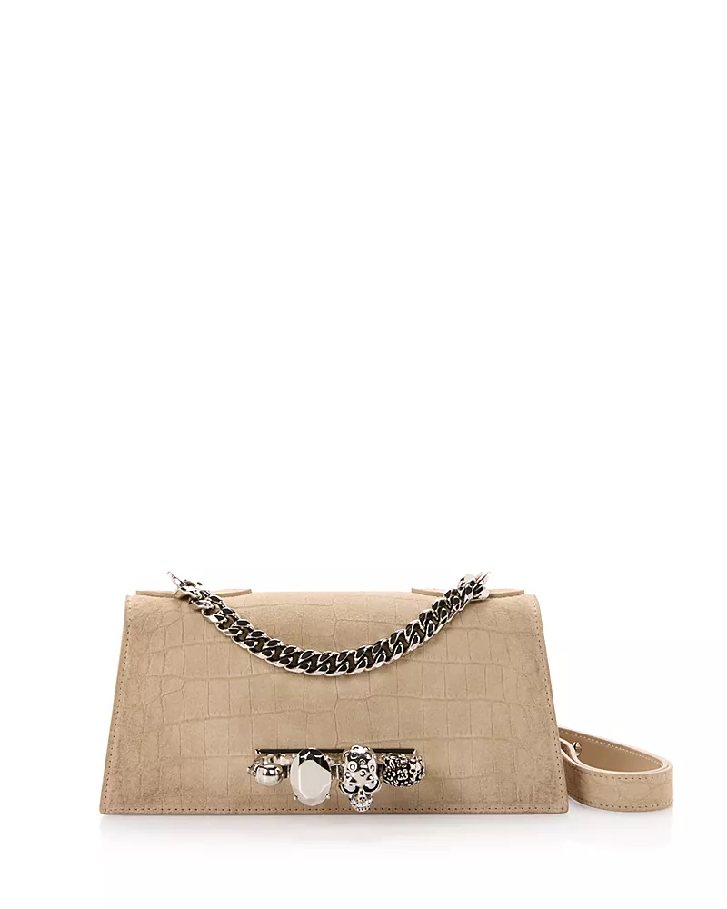 McQueen Knuckles Embossed Suede Shoulder Bag