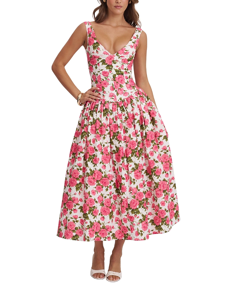 Miss Circle Wilfreda Blooming Floral Linen Sweetheart Midi Dress