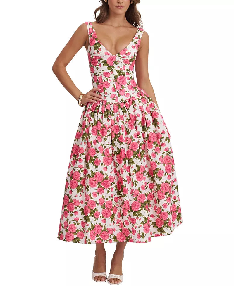 Miss Circle Wilfreda Blooming Floral Linen Sweetheart Midi Dress