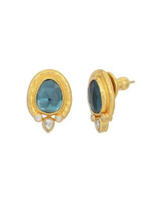 18K & 24K Yellow Gold Muse London Blue Topaz & Diamond Bezel Stud Earrings