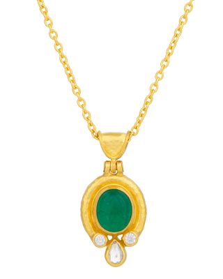 18K, 22K & 24K Yellow Gold Muse Emerald & Diamond Oval Pendant Necklace, 16-18"