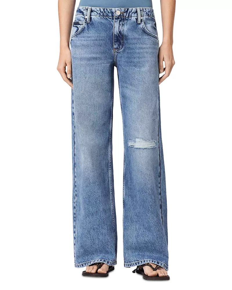 Allsaints Tia Low Rise Wide Leg Jeans in Destroy Indigo