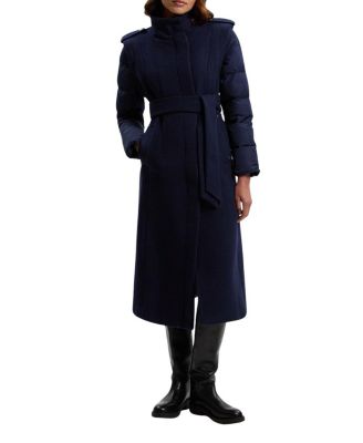 Wool High Neck Puffer Belted Midi Coat