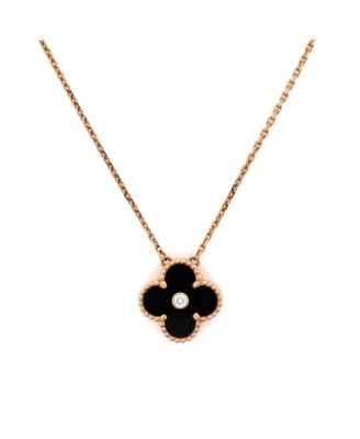  Vintage Alhambra Pendant Necklace 18K Rose Gold and Onyx with Diamond, 16.75"