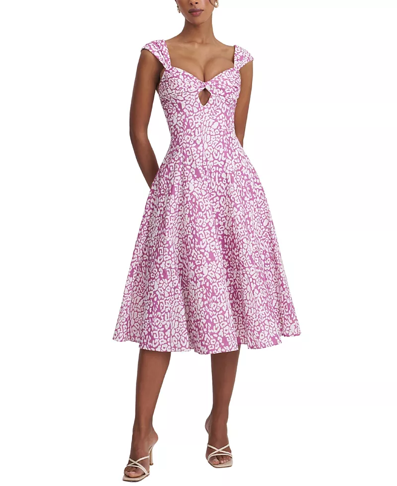Miss Circle Wynonna Cheetah Linen Keyhole Midi Dress