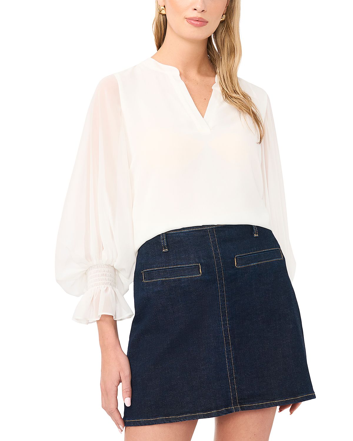 Vince Camuto V Neck Sheer Sleeve Top