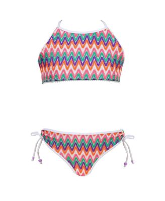 Girls' Zig-Zag Knit with High-Neck Halter and Side-Ties Two-Piece Swimsuit - Little Kid, Big Kid