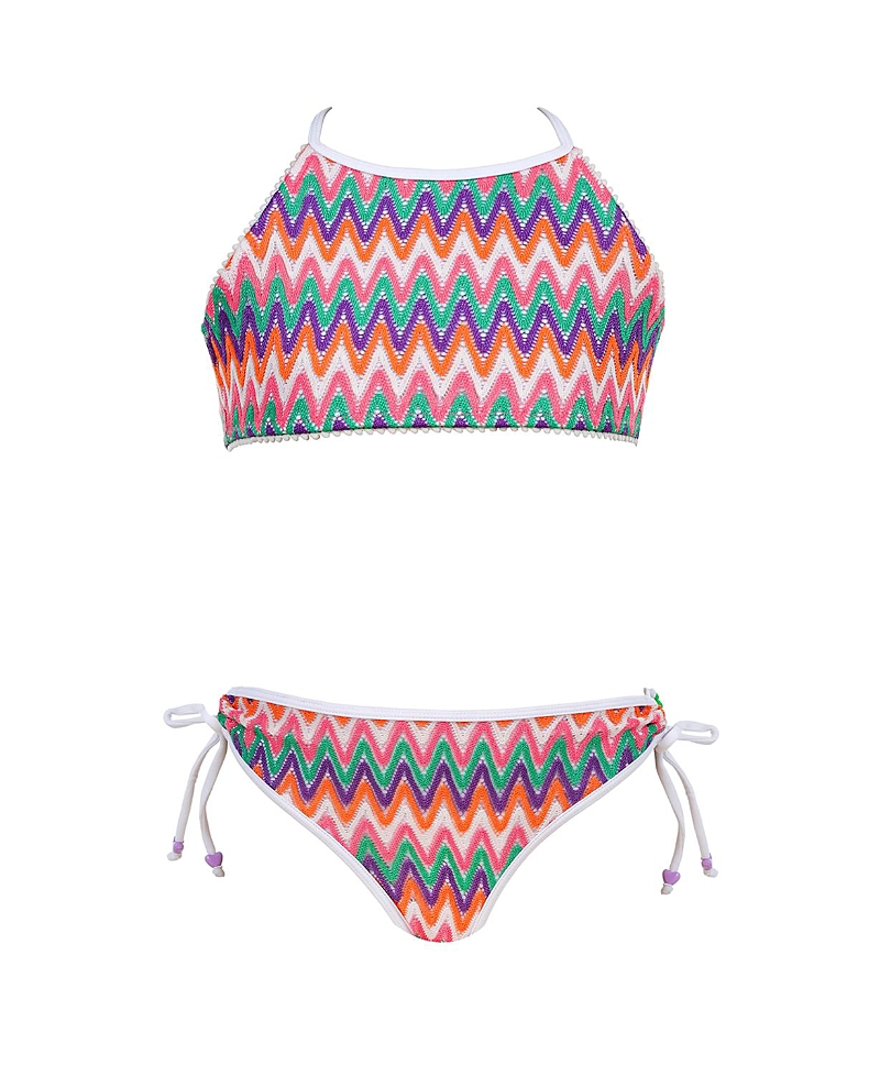 Nessi Byrd Girls' Zig-Zag Knit with High-Neck Halter and Side-Ties Two-Piece Swimsuit - Little Kid, Big Kid