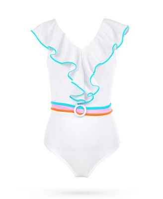 Girls' V-Neck Ruffles and Belted Waist One-Piece Swimsuit - Little Kid, Big Kid