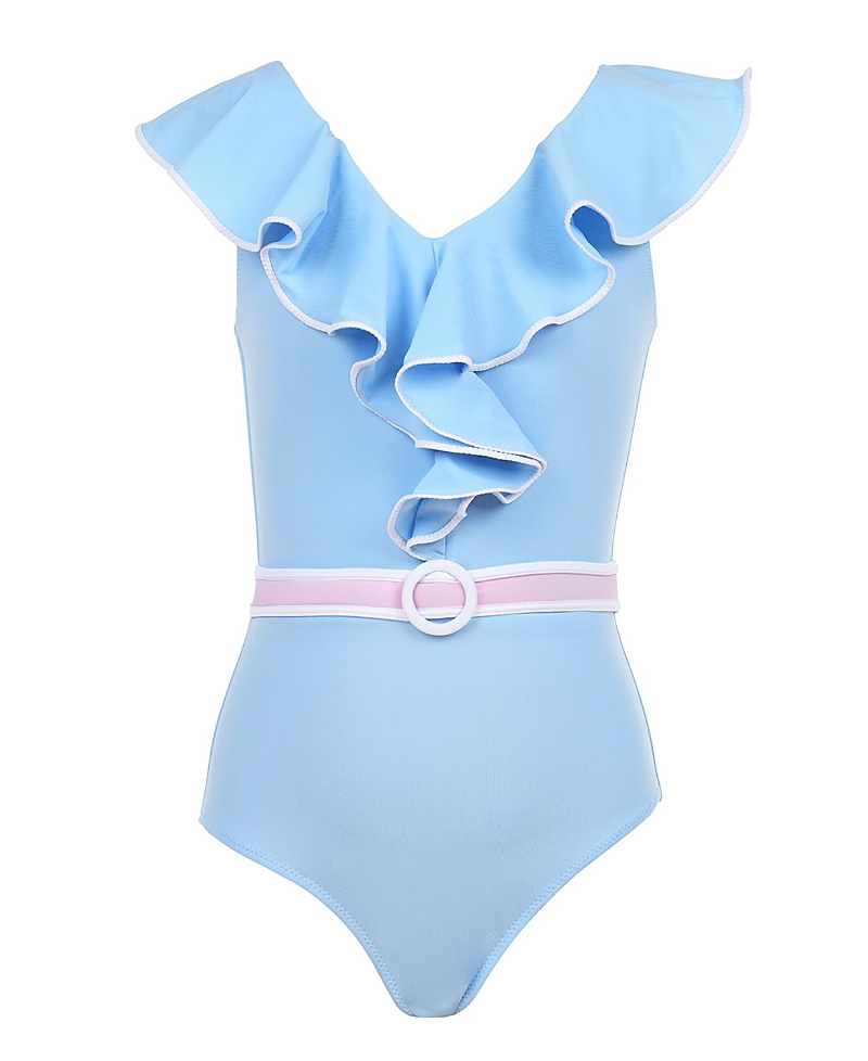 Nessi Byrd Girls' V-Neck Ruffles and Belted Waist One-Piece Swimsuit- Little Kid, Big Kid