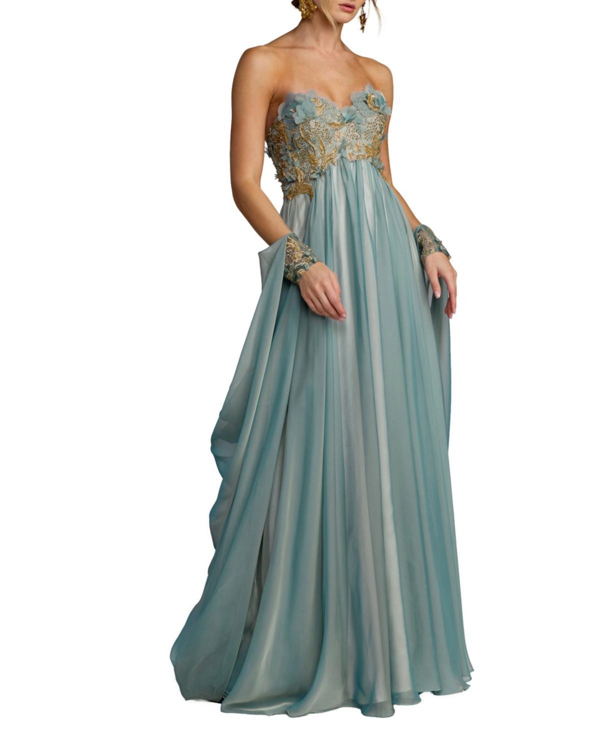 Strapless Chiffon Gown With Floral Embroidery
