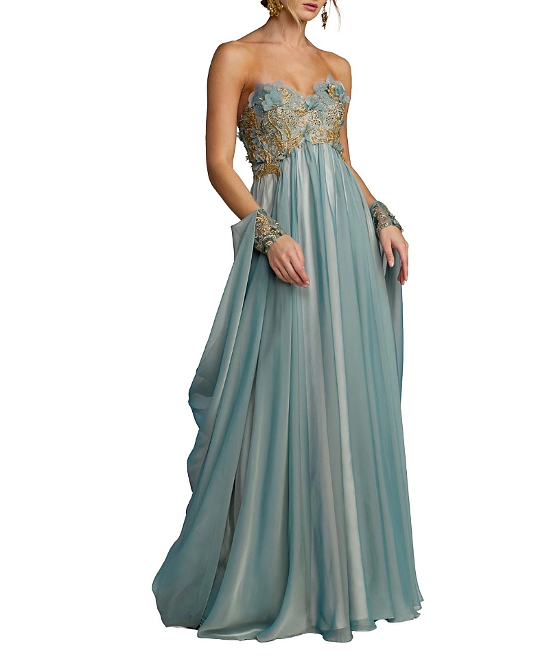 Mac Duggal Strapless Chiffon Gown With Floral Embroidery