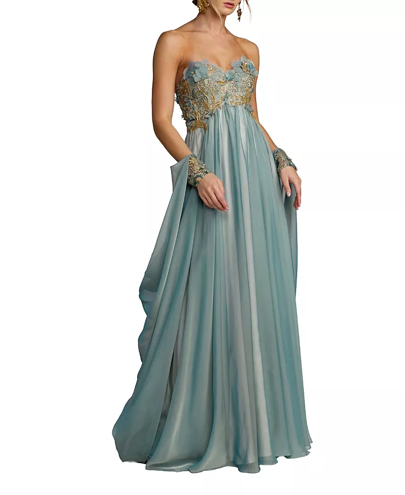 Mac Duggal Strapless Chiffon Gown With Floral Embroidery