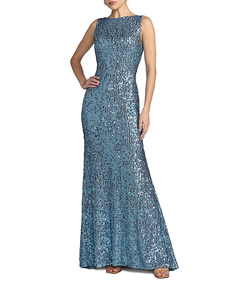 Mac Duggal Petite Sequined Sleeveless Draped Cowl Back Gown