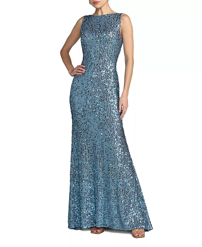 Mac Duggal Petite Sequined Sleeveless Draped Cowl Back Gown