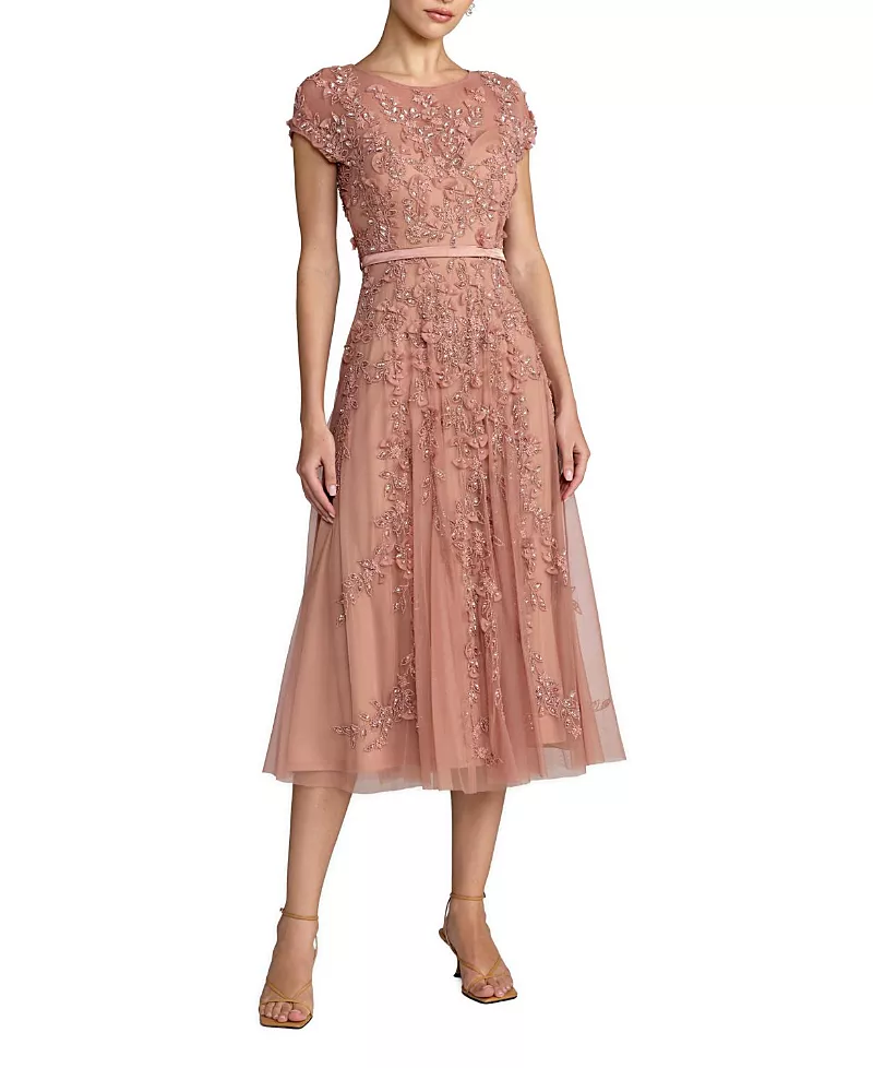 Mac Duggal Floral Embellished Cap Sleeve Midi Dress