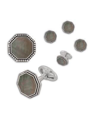 Octagon Grey Mother-of-Pearl Antique Border Cufflink & Tuxedo Stud Set