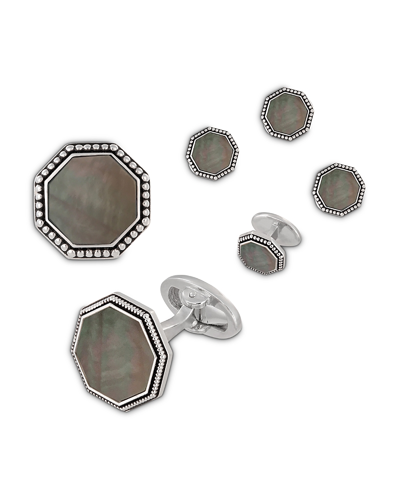 Jan Leslie Octagon Grey Mother-of-Pearl Antique Border Cufflink & Tuxedo Stud Set