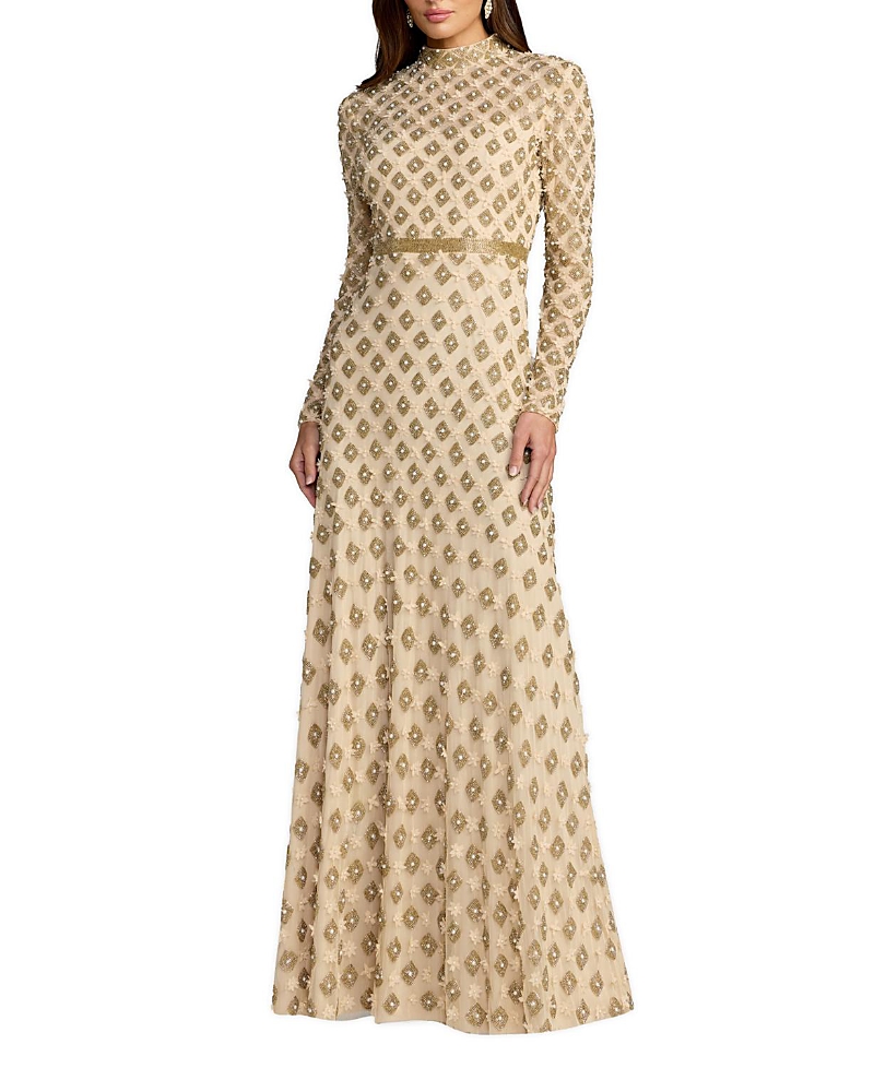 Mac Duggal Mock Neck Long Sleeve Embellished A-Line Gown