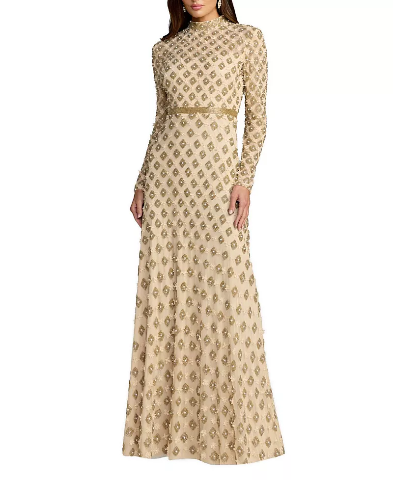Mac Duggal Mock Neck Long Sleeve Embellished A-Line Gown