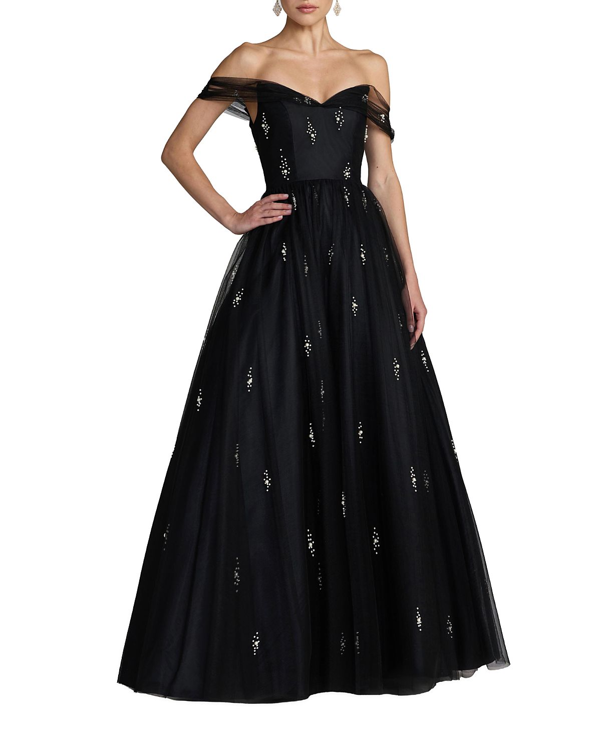 Mac Duggal Pearl Embellished Off The Shoulder Ball Gown