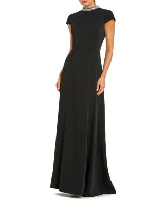  Cap Sleeve Gown With Embellished Neckline