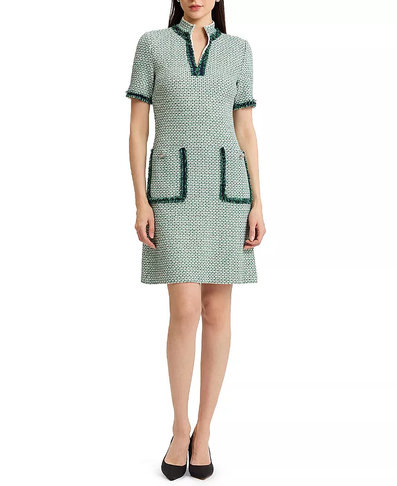 Ming Wang Plus Fringe Trim Basketweave Jacquard Knit Sheath Dress