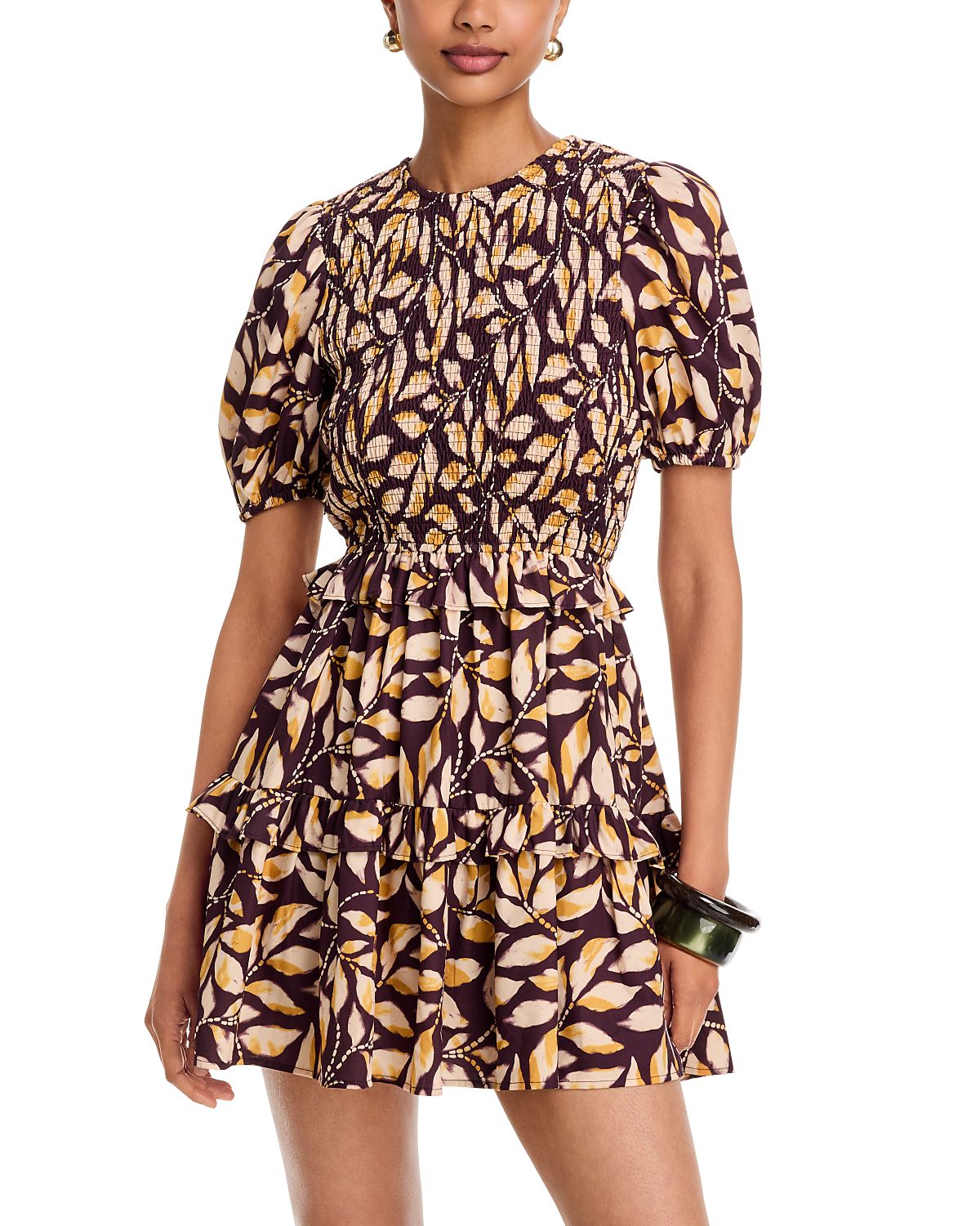 Aqua Leaf Print Puff Sleeve Smocked Mini Dress - Exclusive