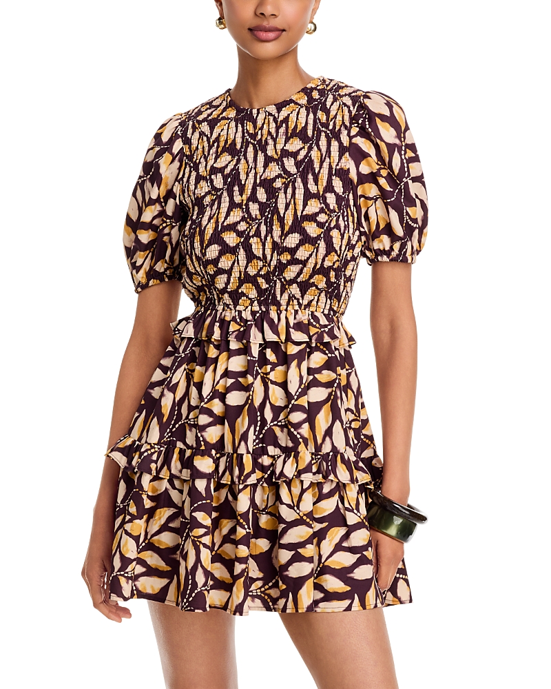 Aqua Leaf Print Puff Sleeve Smocked Mini Dress - Exclusive
