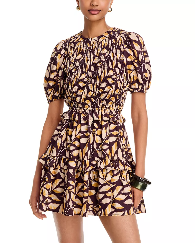 Aqua Leaf Print Puff Sleeve Smocked Mini Dress - Exclusive