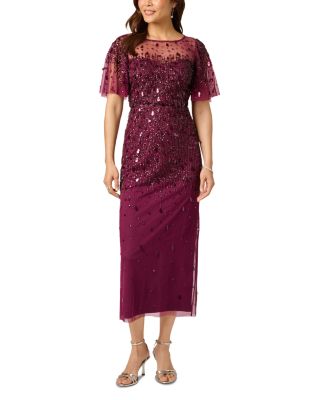 Flutter Sleeve Beaded Midi Dress