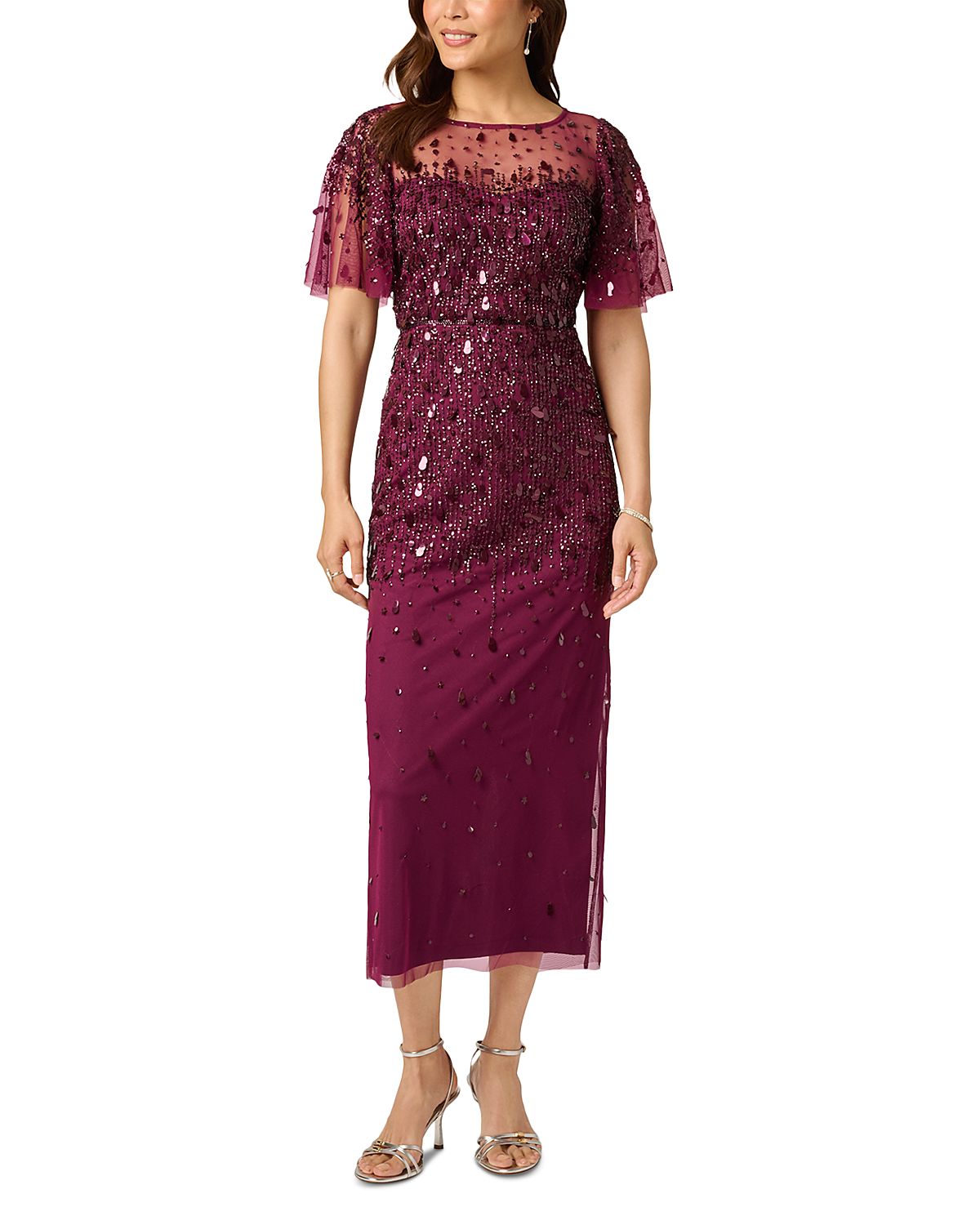Adrianna Papell Flutter Sleeve Beaded Midi Dress