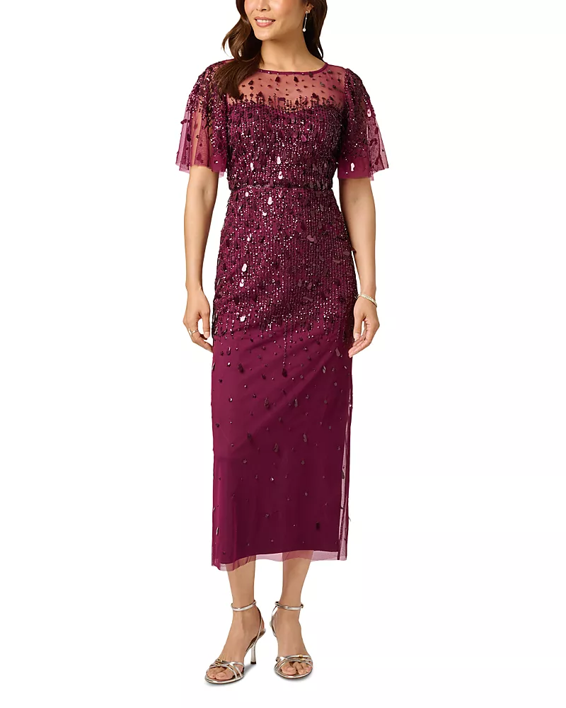 Adrianna Papell Flutter Sleeve Beaded Midi Dress