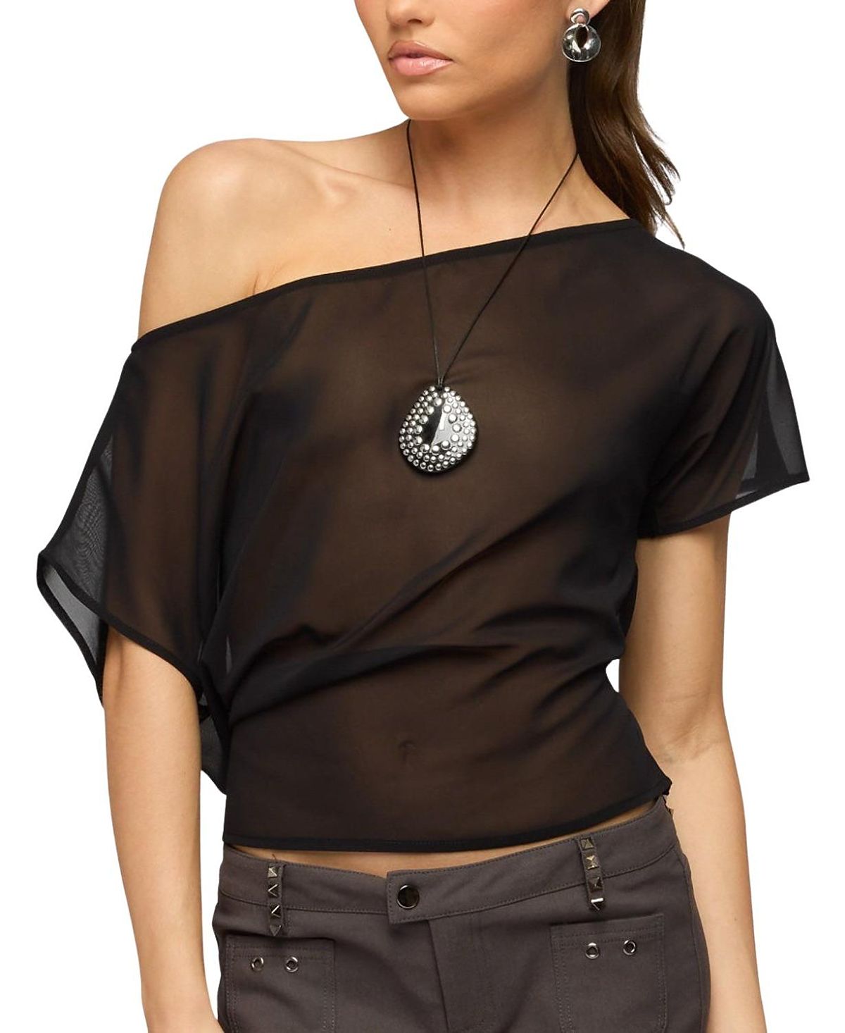 Edikted Noria Sheer Chiffon Off Shoulder Top