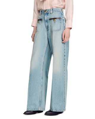 Sigrid High Rise Straight Leg Leather Detail Jeans in Blue Jean