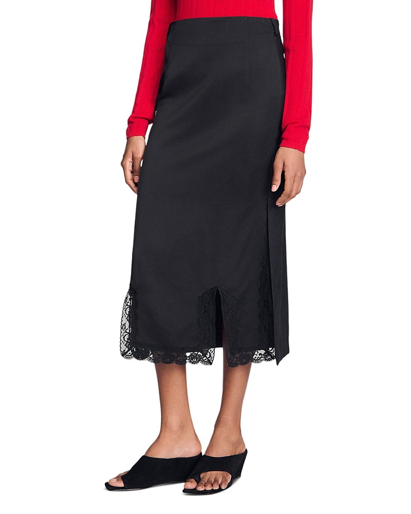 Sandro Long Mixed Material Lace Skirt